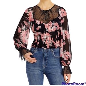 Free People Daphne Midnight Floral Sheer Lace Smocked Long Sleeve Crop Top Small